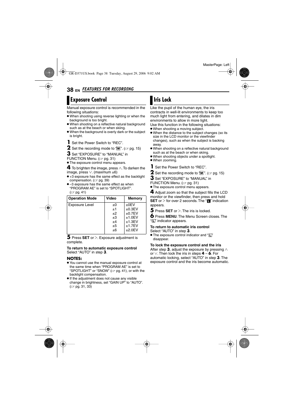 Exposure control, Iris lock, 38 iris lock | Exposure adjustment indicator, Pg. 38), K indicator | JVC GR-D371U User Manual | Page 38 / 112