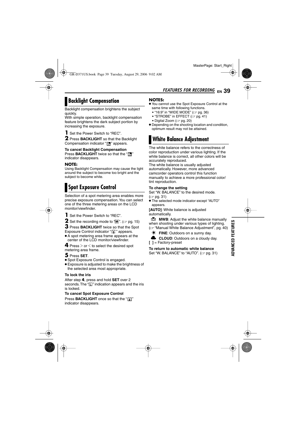 Backlight compensation, Spot exposure control, White balance adjustment | Pg. 39), Pg. 39, spot exposure, Control), 39 spot exposure control white balance adjustment, White balance indicator | JVC GR-D371U User Manual | Page 39 / 112