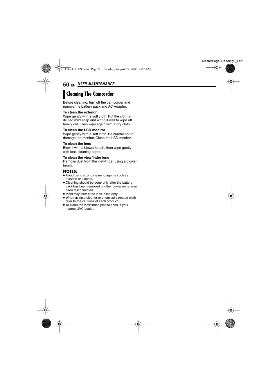 Cleaning the camcorder, Pg. 50) | JVC GR-D371U User Manual | Page 50 / 112