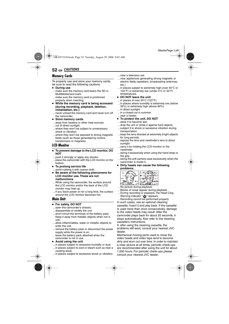 Memory cards, Lcd monitor, Main unit | Pg. 52), Cautions | JVC GR-D371U User Manual | Page 52 / 112