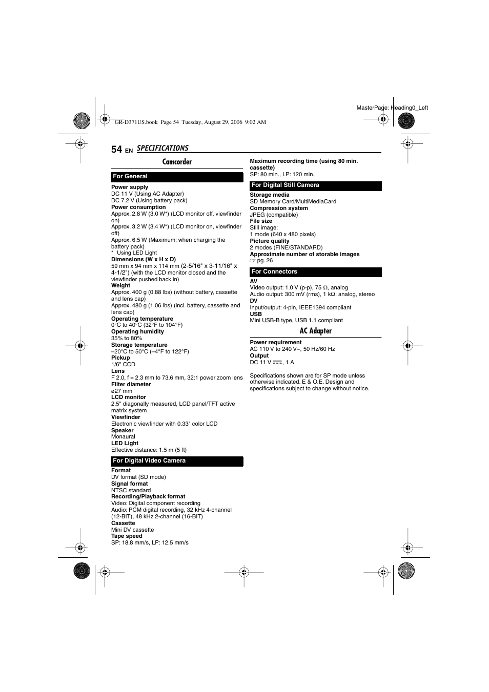 Specifications, Camcorder, Ac adapter | JVC GR-D371U User Manual | Page 54 / 112