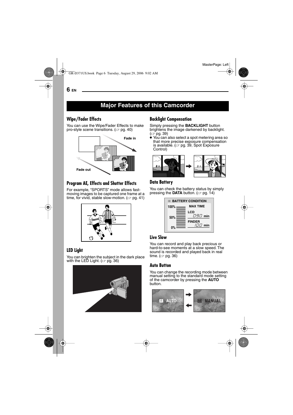 Major features of this camcorder, Wipe/fader effects, Program ae, effects and shutter effects | Led light, Backlight compensation, Data battery, Live slow, Auto button | JVC GR-D371U User Manual | Page 6 / 112