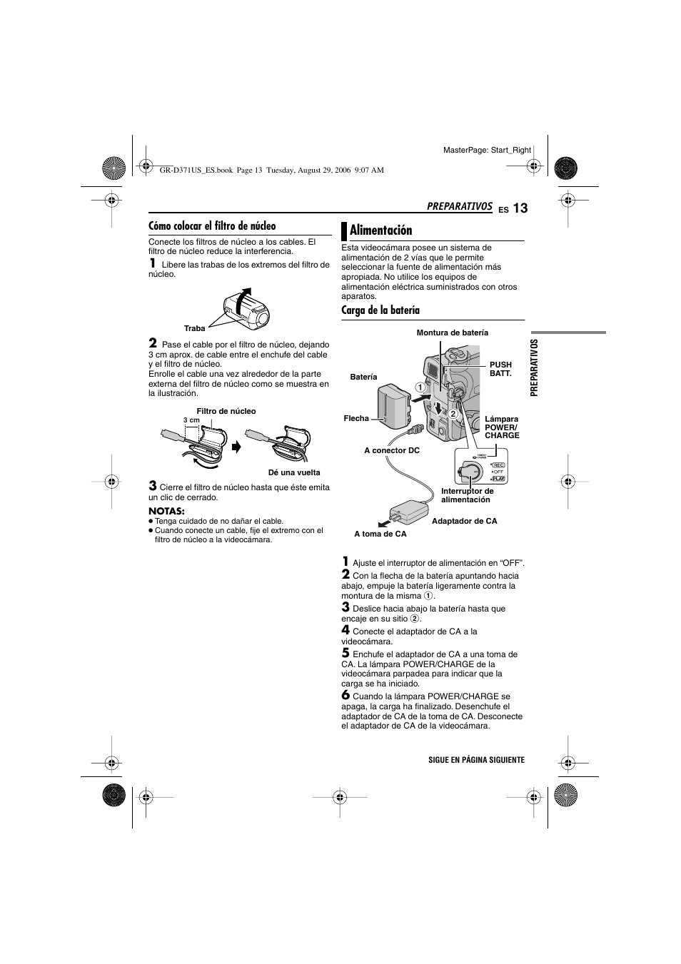 Cómo colocar el filtro de núcleo, Alimentación, Carga de la batería | P. 13), Ada de cc [dc, Wer/charge (੬ p. 13, 19), A de batería (੬ p. 13) | JVC GR-D371U User Manual | Page 69 / 112