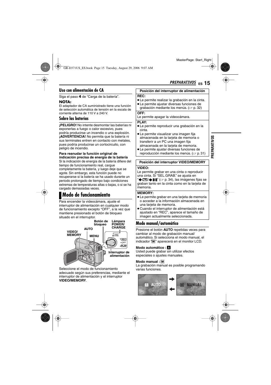 Uso con alimentación de ca, Sobre las baterías, Modo de funcionamiento | Modo manual/automático, P. 15), Y, off, Loqueo | JVC GR-D371U User Manual | Page 71 / 112