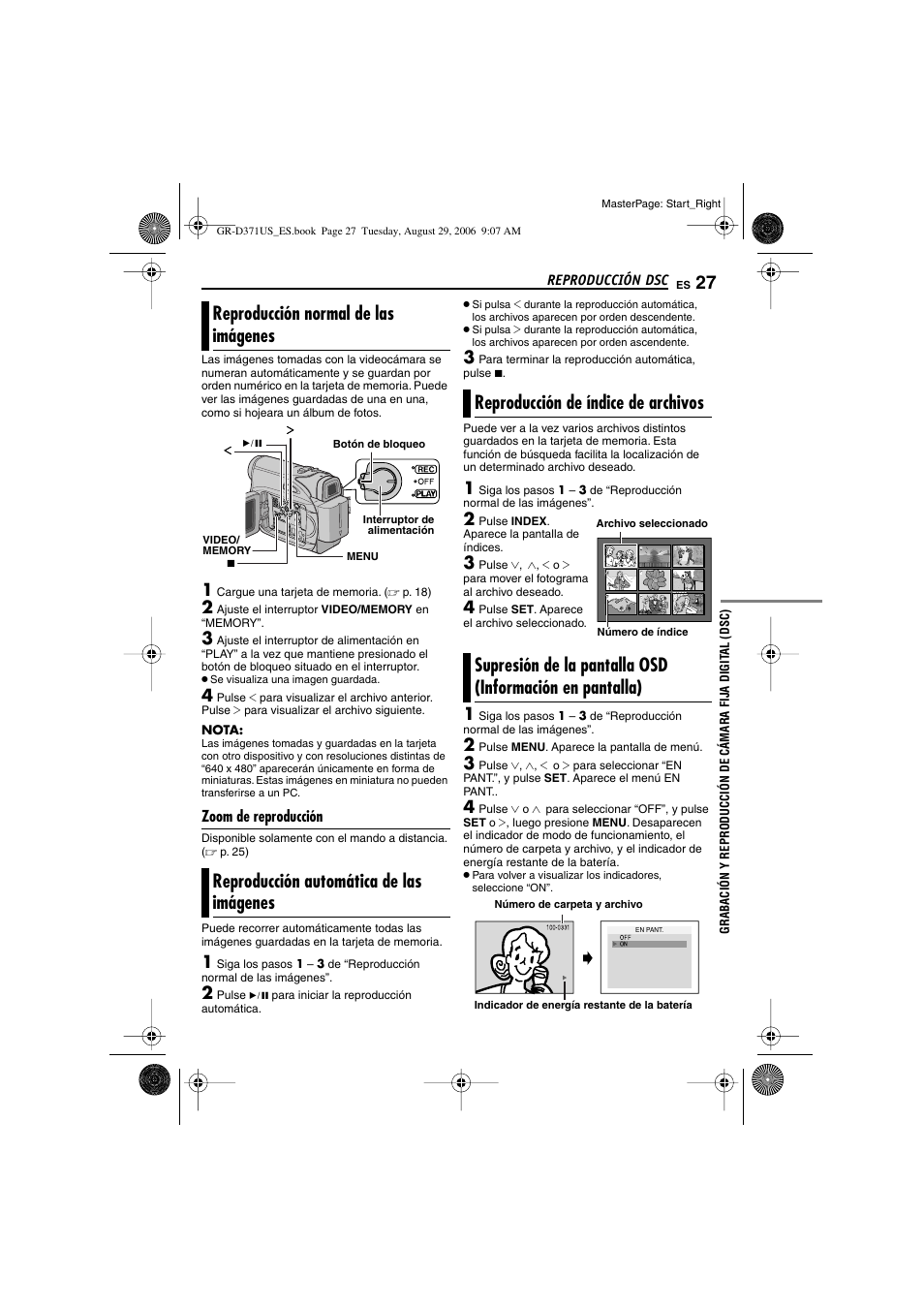 Reproducción dsc, Reproducción normal de las imágenes, Zoom de reproducción | Reproducción automática de las imágenes, Reproducción de índice de archivos, 27 supresión de la pantalla osd (información en, Pantalla), Botón de índice [index, P. 27) | JVC GR-D371U User Manual | Page 83 / 112