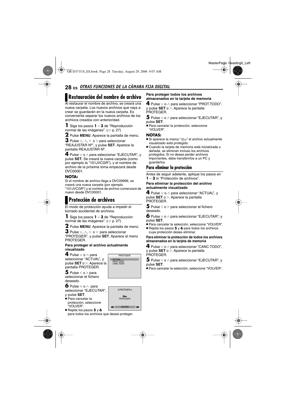 Otras funciones de la cámara fija digital, Restauración del nombre de archivo, Protección de archivos | Para eliminar la protección, 28 protección de archivos | JVC GR-D371U User Manual | Page 84 / 112