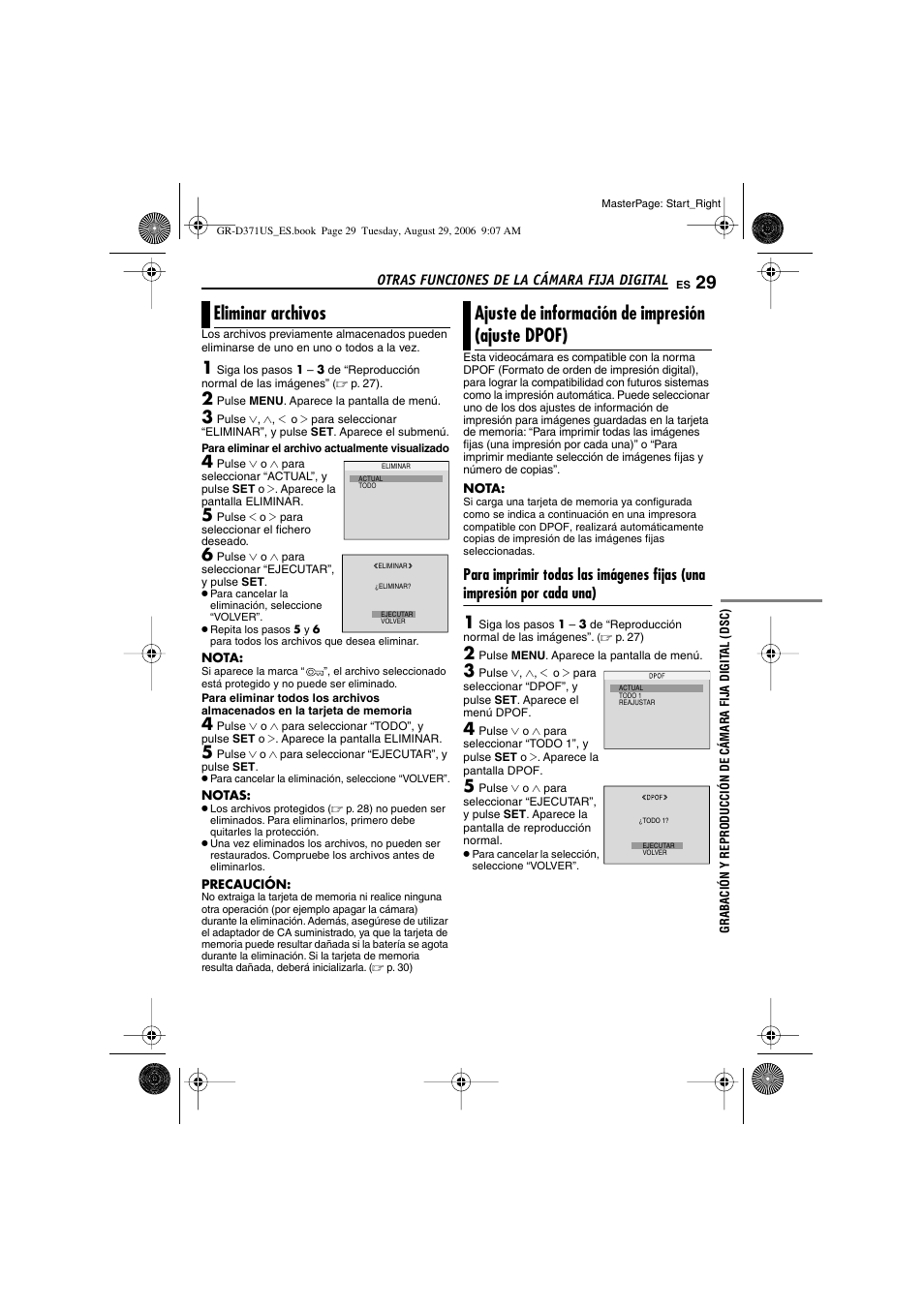 Eliminar archivos, Ajuste de información de impresión (ajuste dpof), 29 ajuste de información de impresión (ajuste | Dpof), Consulte “eliminar archivos, P. 29) | JVC GR-D371U User Manual | Page 85 / 112