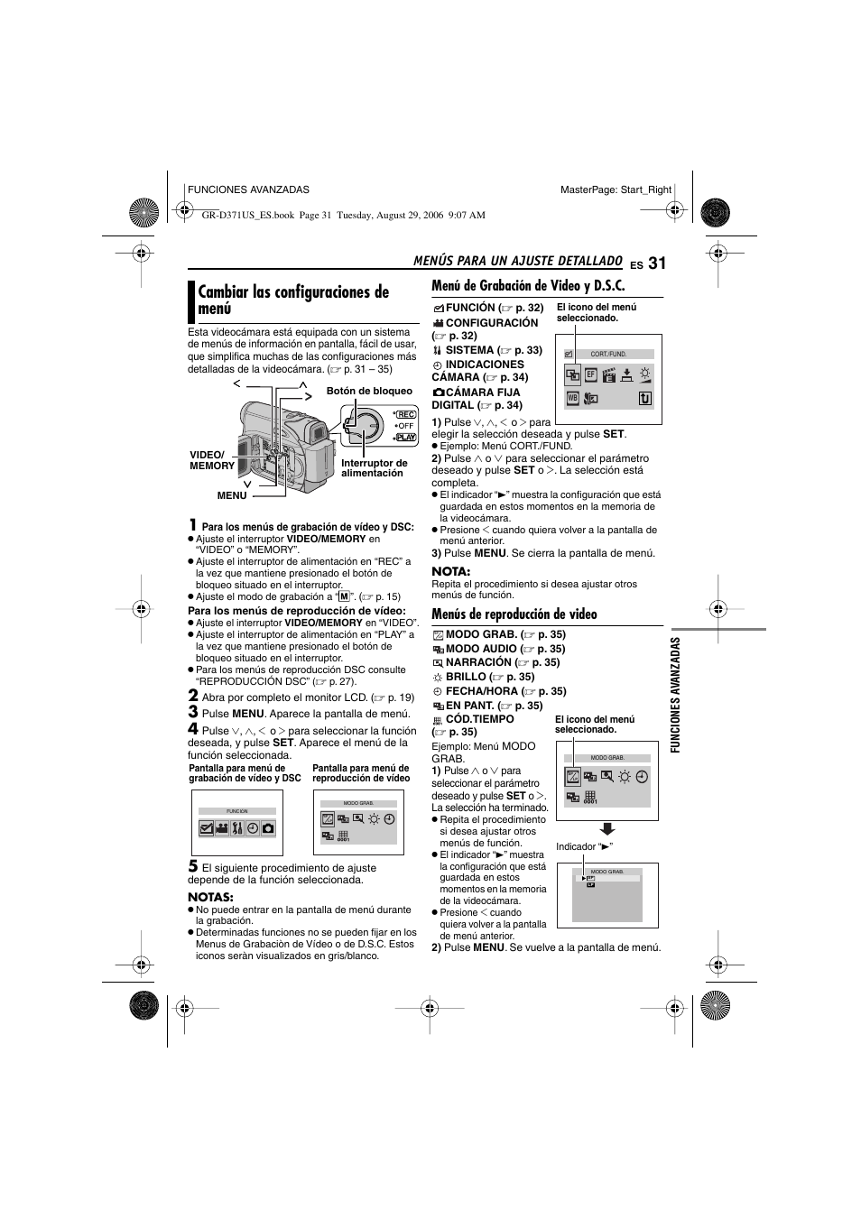 Menús para un ajuste detallado, Cambiar las configuraciones de menú, Menú de grabación de video y d.s.c | Menús de reproducción de video, P. 31, 34), Botón de menú [menu, P. 31), P. 31, 36), P. 31, 35), P. 31, 34 | JVC GR-D371U User Manual | Page 87 / 112