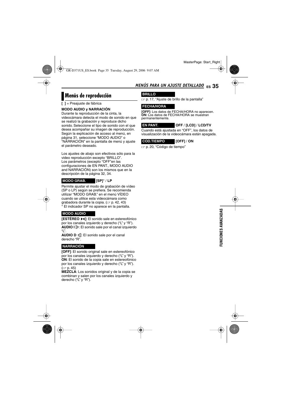 Menús de reproducción, Indicador de modo de sonido, P. 35) | Elocidad de la cinta (sp/lp), Código de tiempo | JVC GR-D371U User Manual | Page 91 / 112