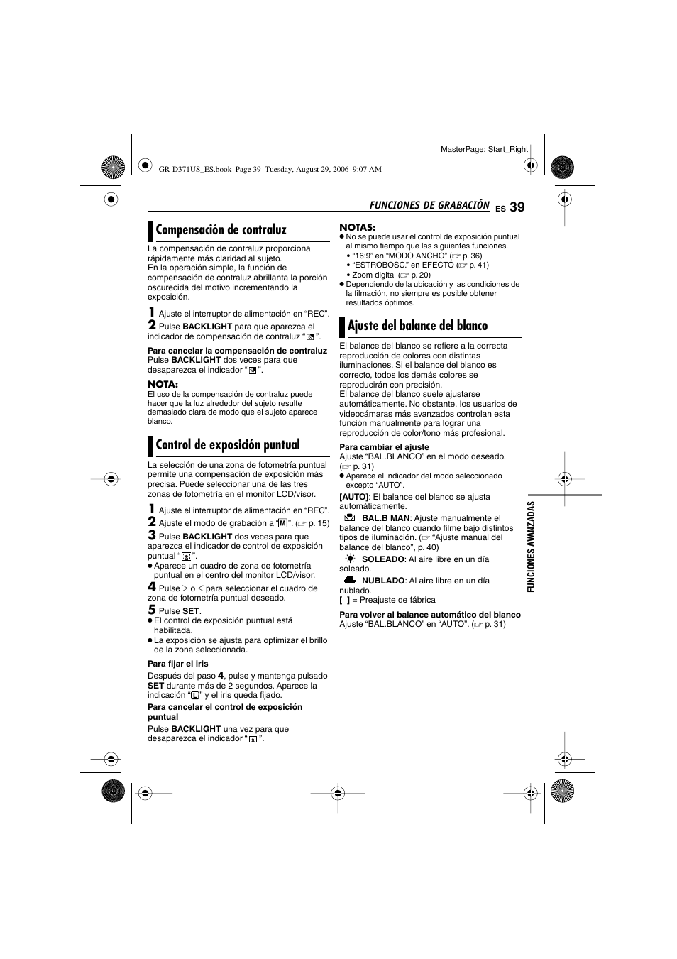 Compensación de contraluz, Control de exposición puntual, Ajuste del balance del blanco | P. 39), P. 39, control de exposición, Puntual), 39 control de exposición puntual, 39 ajuste del balance del blanco, Lanco, P. 39), “ajuste del balance del blanco | JVC GR-D371U User Manual | Page 95 / 112