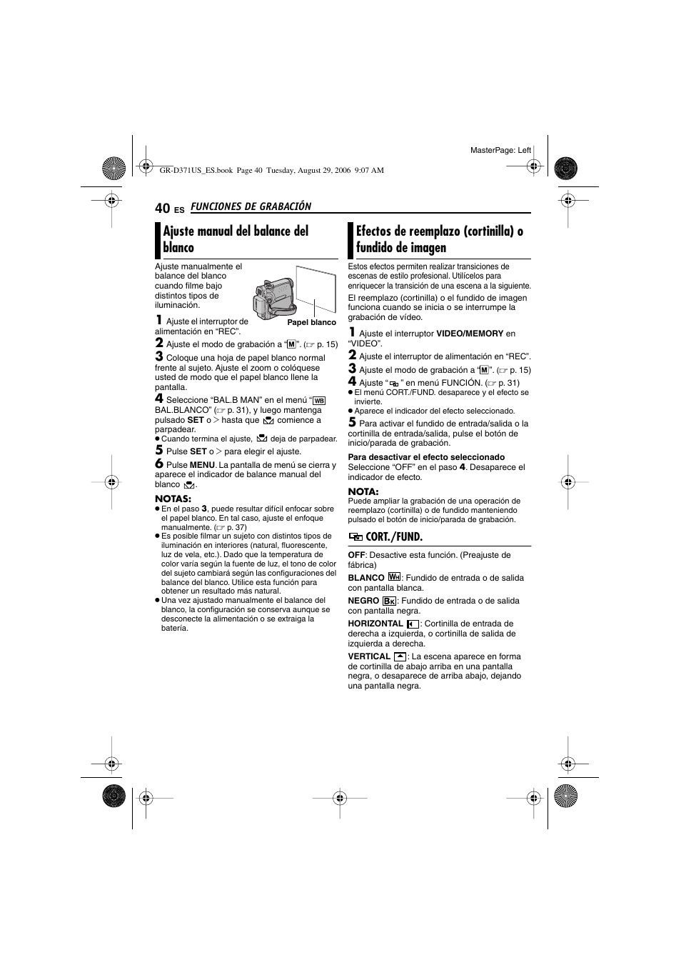 Ajuste manual del balance del blanco, Cort./fund, P. 40) | 40 efectos de reemplazo (cortinilla) o fundido de, Imagen, Imagen seleccionado, P. 40), “efectos de reemplazo (cortinilla) o, Fundido de imagen | JVC GR-D371U User Manual | Page 96 / 112