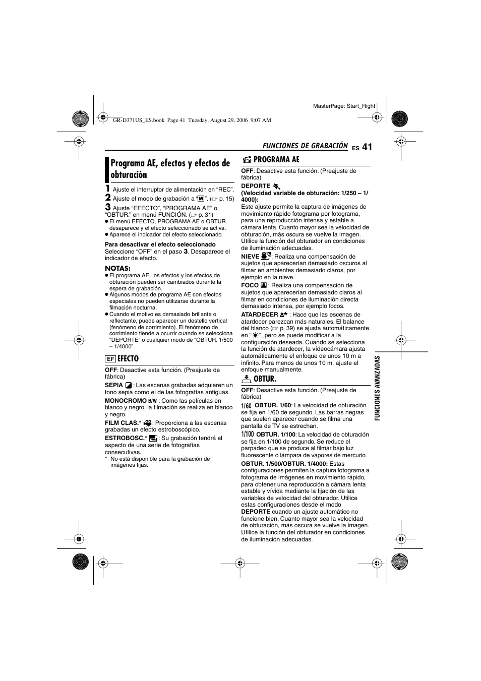 Programa ae, efectos y efectos de obturación, Efecto, Programa ae | Obtur, P. 41), Programa ae, efectos y efectos de, Obturación, P. 41), “programa ae, efectos y efectos de, P. 41), ni con | JVC GR-D371U User Manual | Page 97 / 112