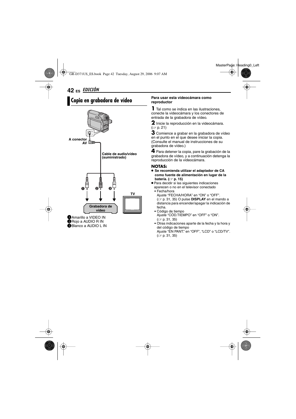 Edición, Copia en grabadora de vídeo, P. 42, 43) | JVC GR-D371U User Manual | Page 98 / 112