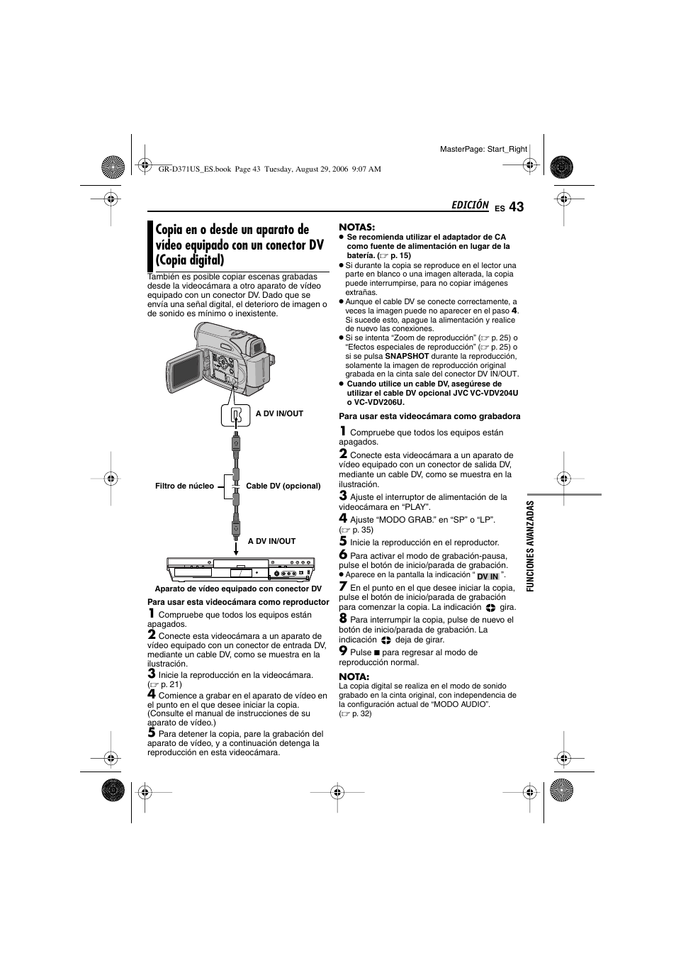 Copia en o desde un aparato de vídeo equipado, Con un conector dv (copia digital), I.link*) | P. 43, 44) | JVC GR-D371U User Manual | Page 99 / 112