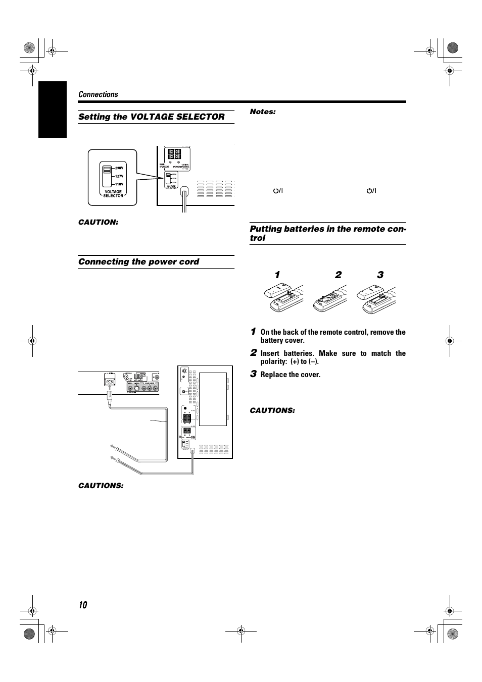 English, Setting the voltage selector, Connecting the power cord | Putting batteries in the remote con- trol, Connections, Replace the cover | JVC SP-XSA9 User Manual | Page 14 / 67