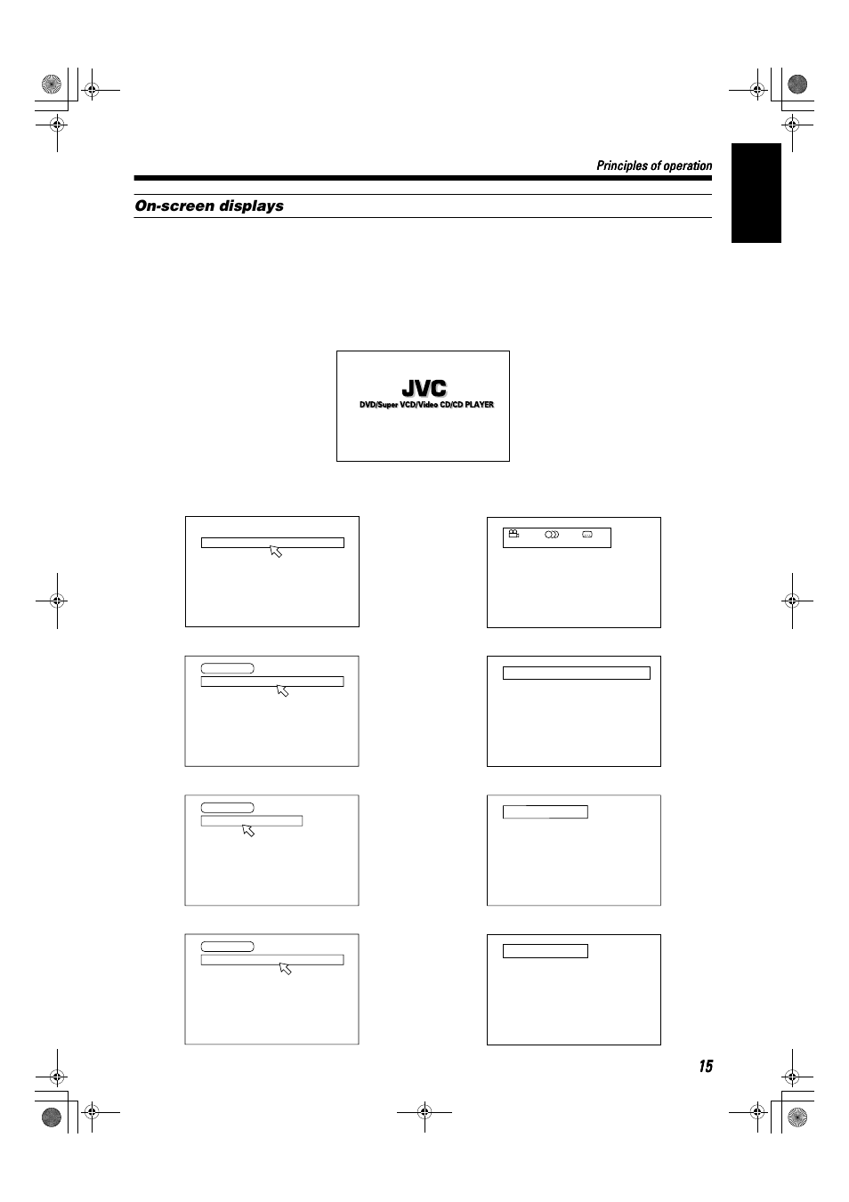 English, On-screen displays, Principles of operation | Opening screens, Play mode displays, Status displays | JVC SP-XSA9 User Manual | Page 19 / 67