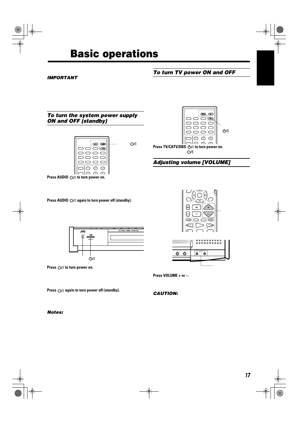 Basic operations, 17 english, Adjusting volume [volume | Important, Caution, Press audio to turn power on, Press audio again to turn power off (standby), Press to turn power on, Press again to turn power off (standby), Press tv/catv/dbs to turn power on | JVC SP-XSA9 User Manual | Page 21 / 67