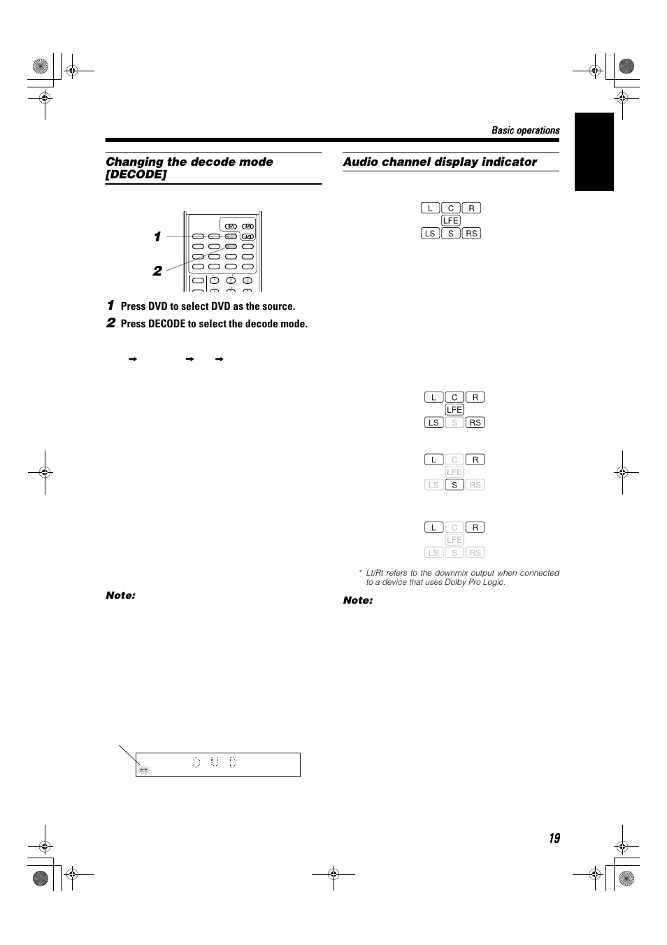 English, Changing the decode mode [decode, Audio channel display indicator | Press dvd to select dvd as the source, Press decode to select the decode mode, Basic operations | JVC SP-XSA9 User Manual | Page 23 / 67