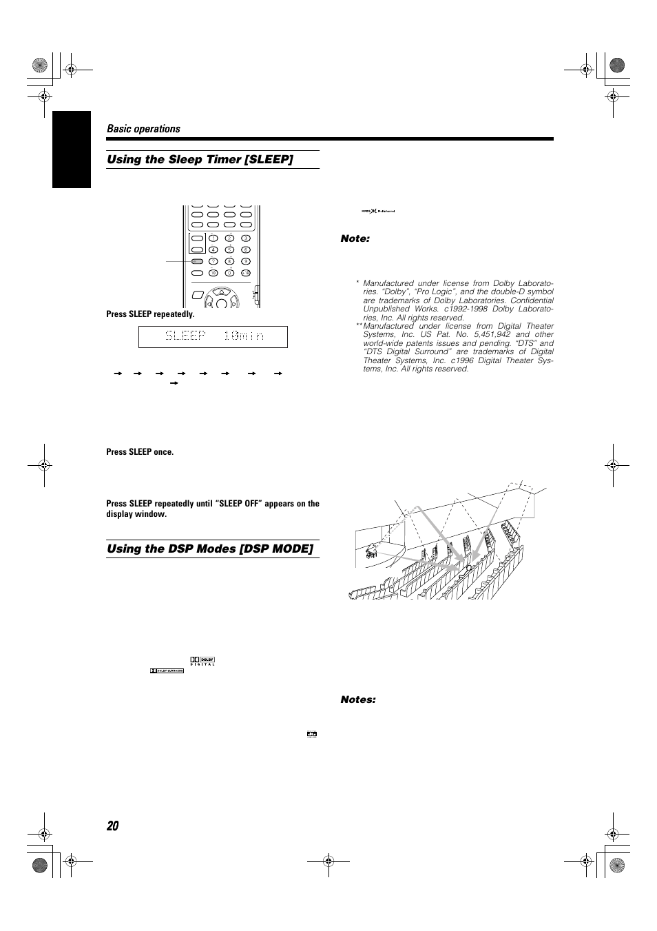 English, Using the sleep timer [sleep, Using the dsp modes [dsp mode | Basic operations, Surround modes, Mpeg multichannel, Dap modes | JVC SP-XSA9 User Manual | Page 24 / 67