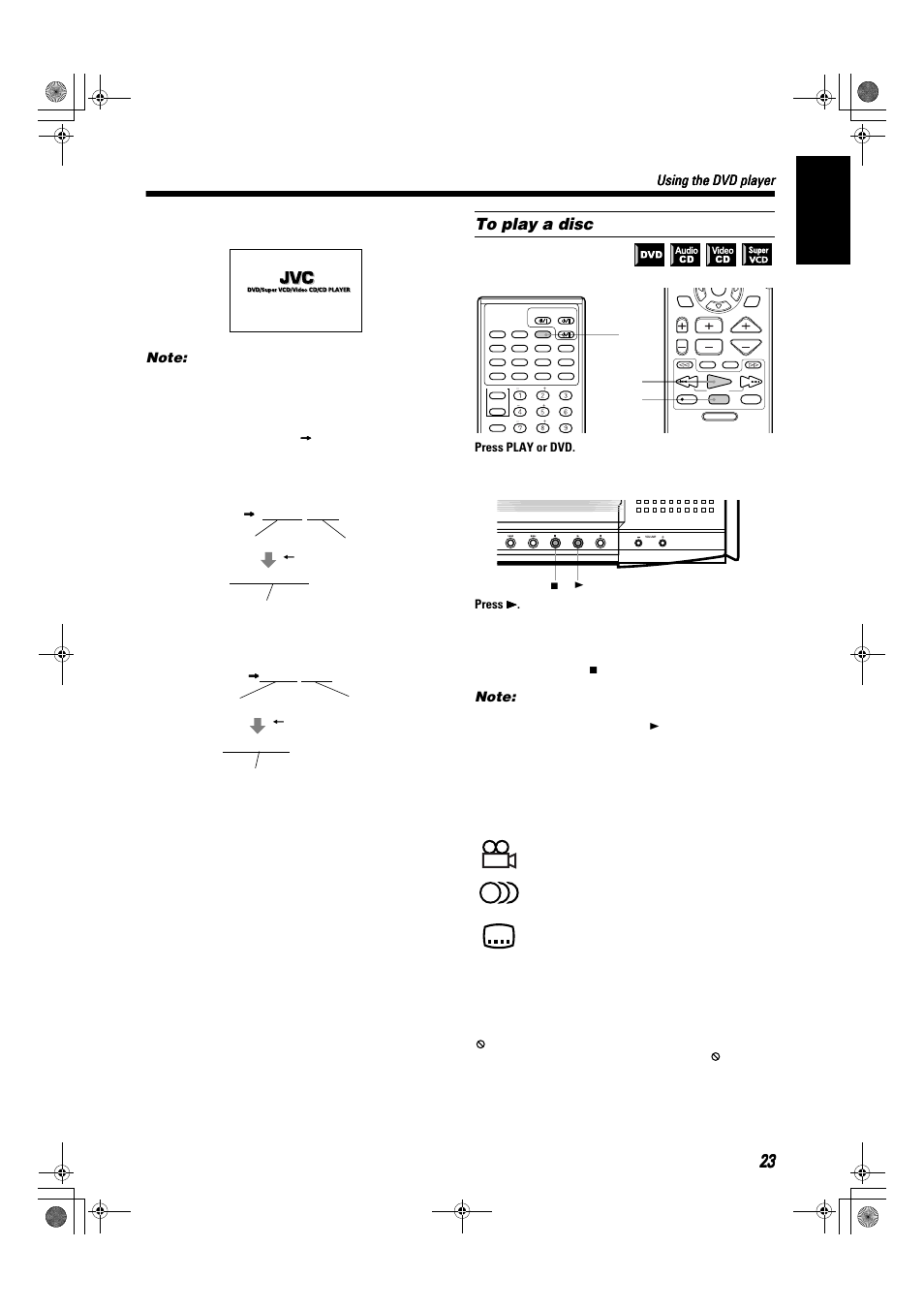 English, Using the dvd player, Display when a disc is inserted | On-screen guide icons, When a dvd is inserted, When a video cd or svcd is inserted, When an audio cd is inserted, Press play or dvd, Press 3 3 3 3, About invalid operation icon | JVC SP-XSA9 User Manual | Page 27 / 67