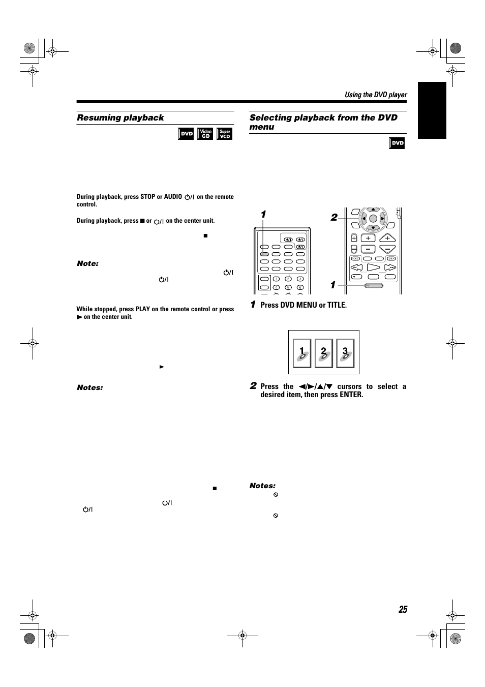 English, Resuming playback, Selecting playback from the dvd menu | Press dvd menu or title, Using the dvd player | JVC SP-XSA9 User Manual | Page 29 / 67