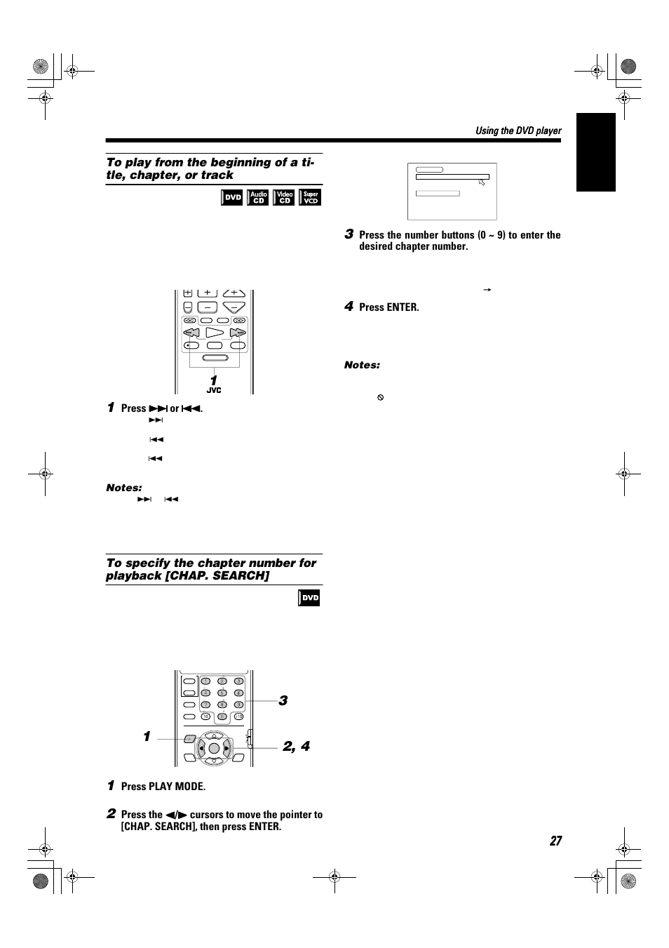 English, Press ¢ ¢ ¢ ¢ or 4 4 4 4, Press play mode | Press enter, Using the dvd player | JVC SP-XSA9 User Manual | Page 31 / 67