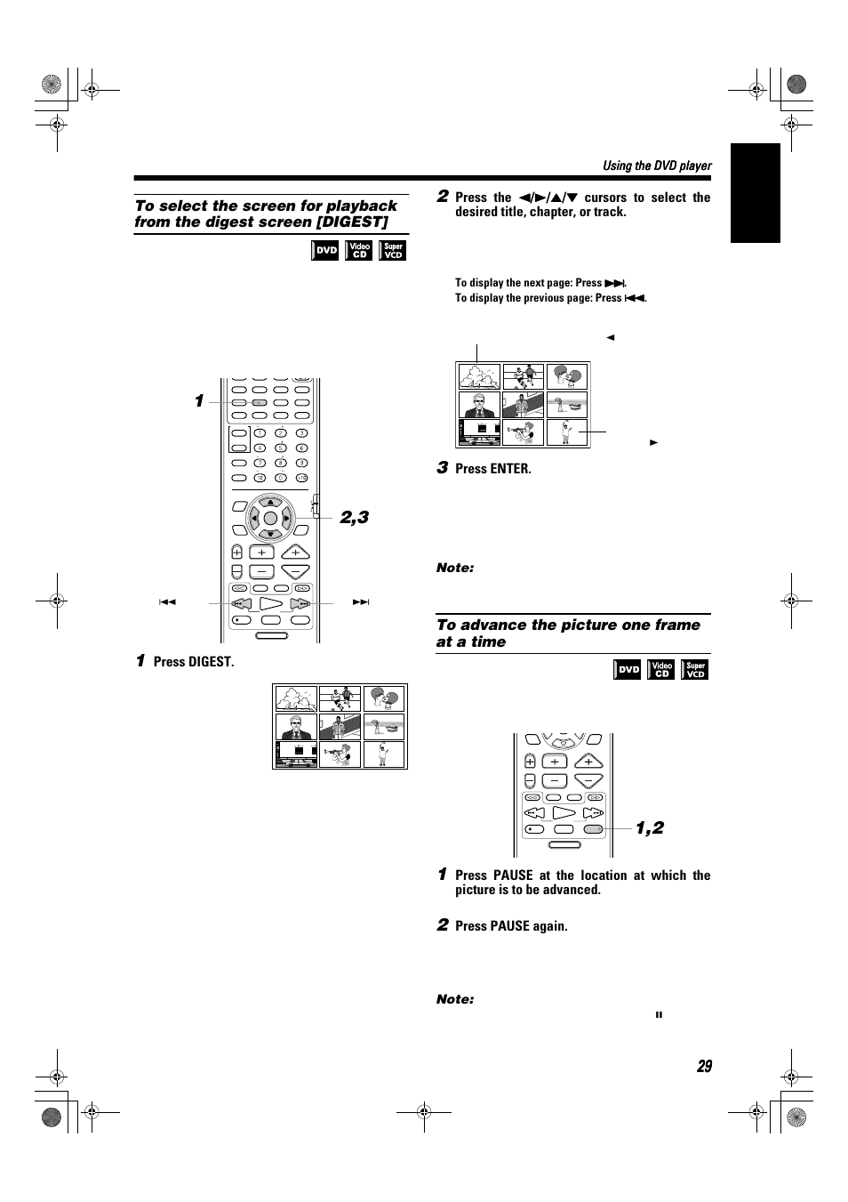 English, Press digest, Press enter | Press pause again, Using the dvd player, Press play to return to normal playback | JVC SP-XSA9 User Manual | Page 33 / 67