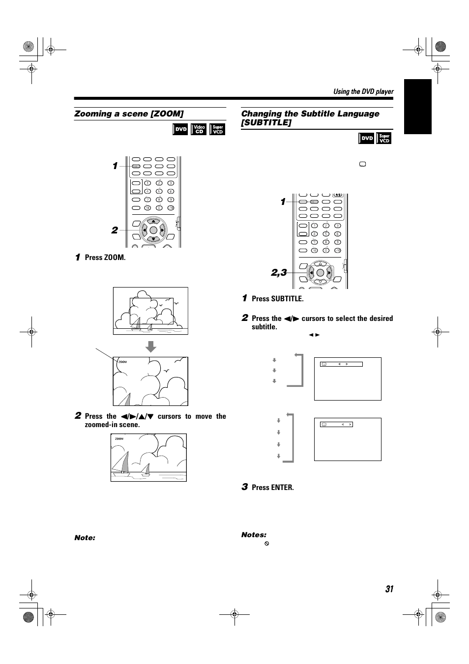 English, Zooming a scene [zoom, Changing the subtitle language [subtitle | Press zoom, Press subtitle, Press enter, Using the dvd player, Turning subtitles on/off | JVC SP-XSA9 User Manual | Page 35 / 67