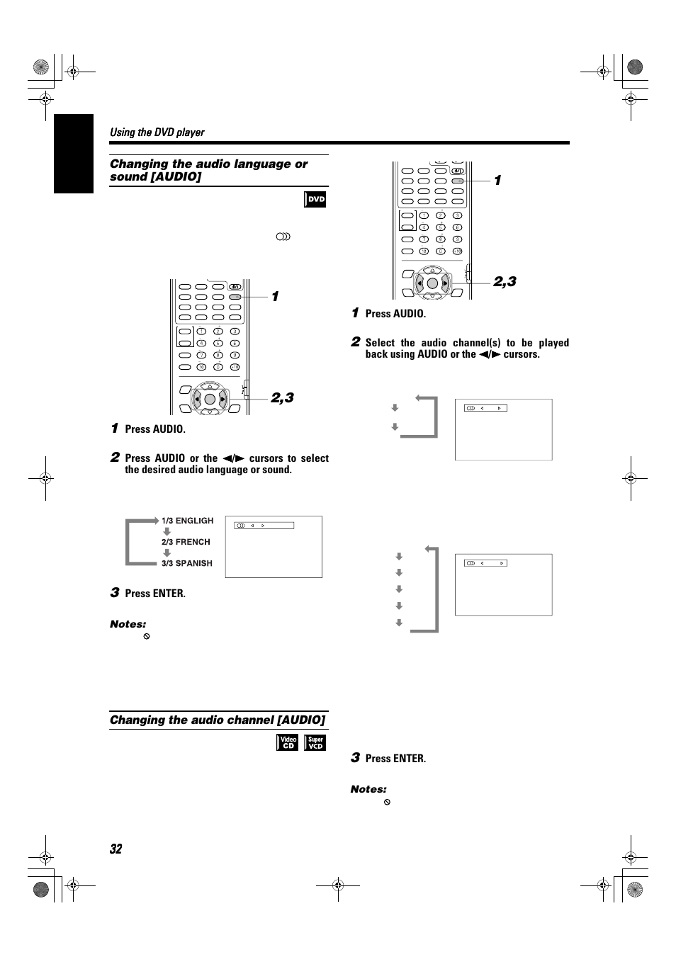 English, Changing the audio language or sound [audio, Changing the audio channel [audio | Using the dvd player, Press audio, Press enter | JVC SP-XSA9 User Manual | Page 36 / 67