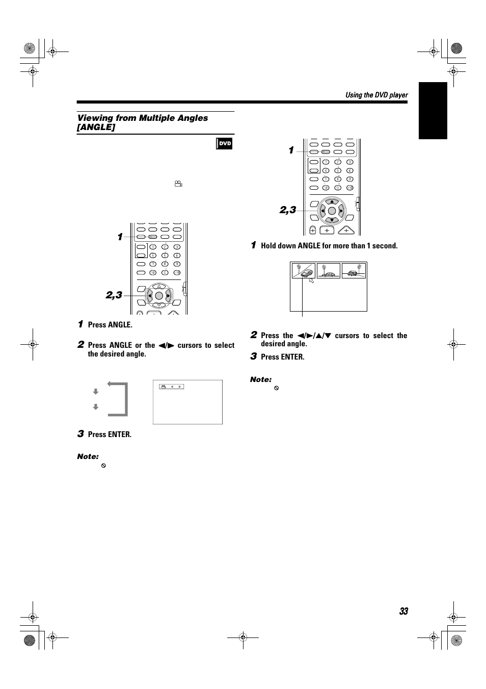 English, Viewing from multiple angles [angle, Press angle | Press enter, Hold down angle for more than 1 second, Using the dvd player, Using the angle button, Selecting an angle from the angle list display | JVC SP-XSA9 User Manual | Page 37 / 67