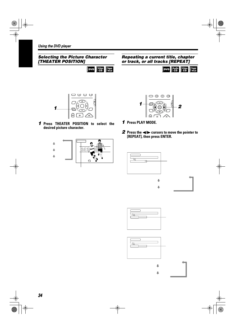 English, Selecting the picture character [theater position, Using the dvd player | Press play mode | JVC SP-XSA9 User Manual | Page 38 / 67