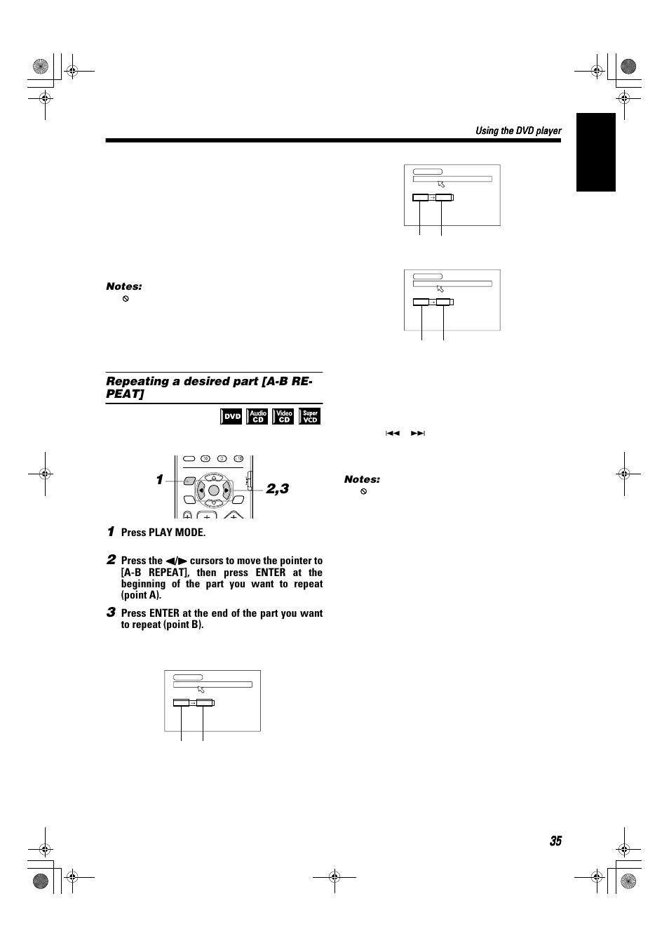 English, Repeating a desired part [a-b re- peat, Press play mode | Using the dvd player | JVC SP-XSA9 User Manual | Page 39 / 67