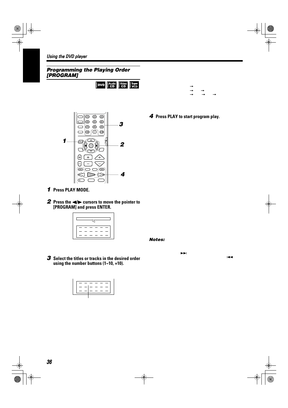 English, Programming the playing order [program, Using the dvd player | Press play mode, Press play to start program play | JVC SP-XSA9 User Manual | Page 40 / 67