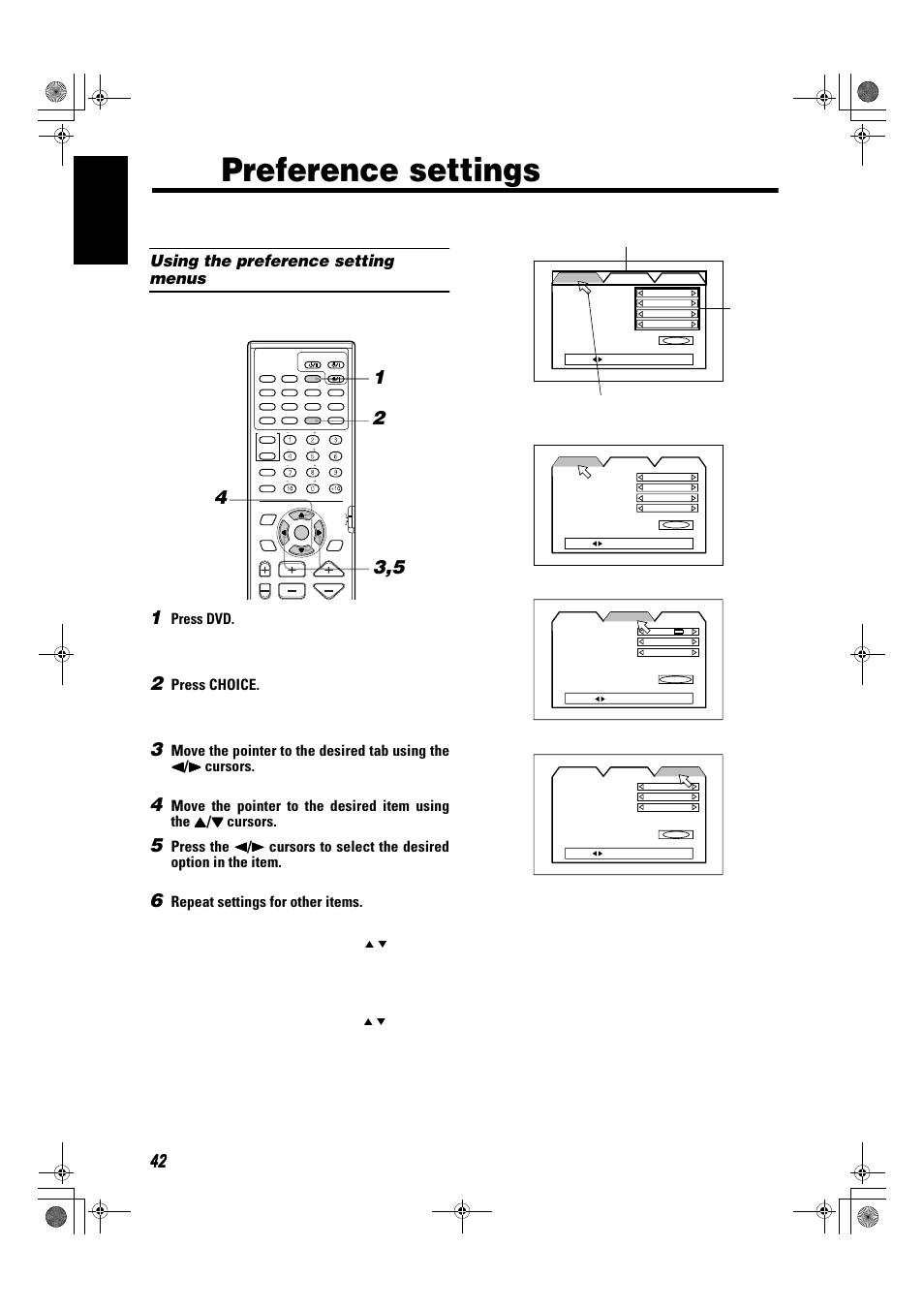 Preference settings, 42 english, Using the preference setting menus | Press dvd, Press choice, Repeat settings for other items | JVC SP-XSA9 User Manual | Page 46 / 67
