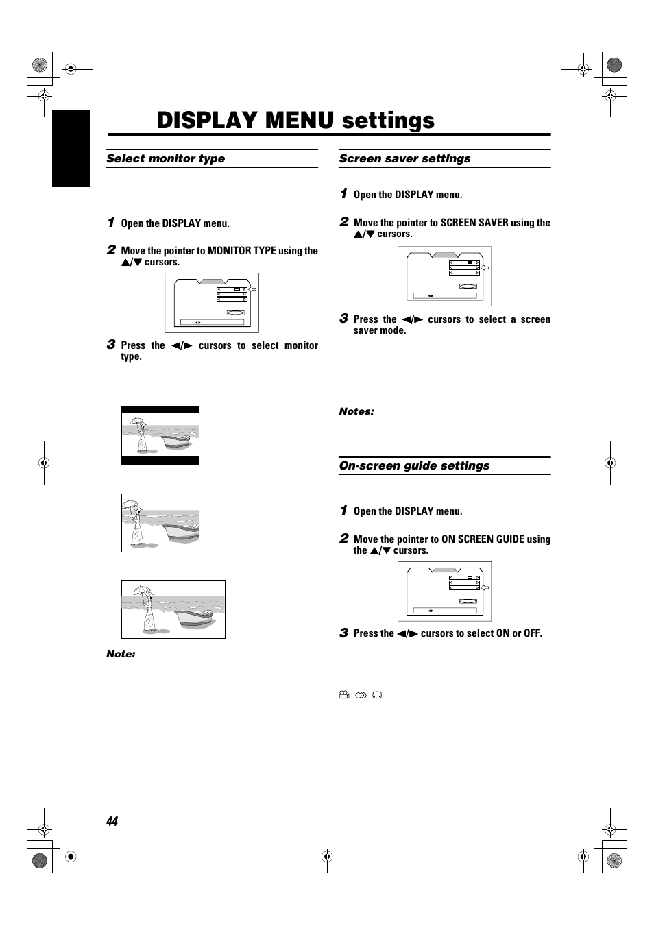 Display menu settings, 44 english, Select monitor type | Screen saver settings, On-screen guide settings | JVC SP-XSA9 User Manual | Page 48 / 67