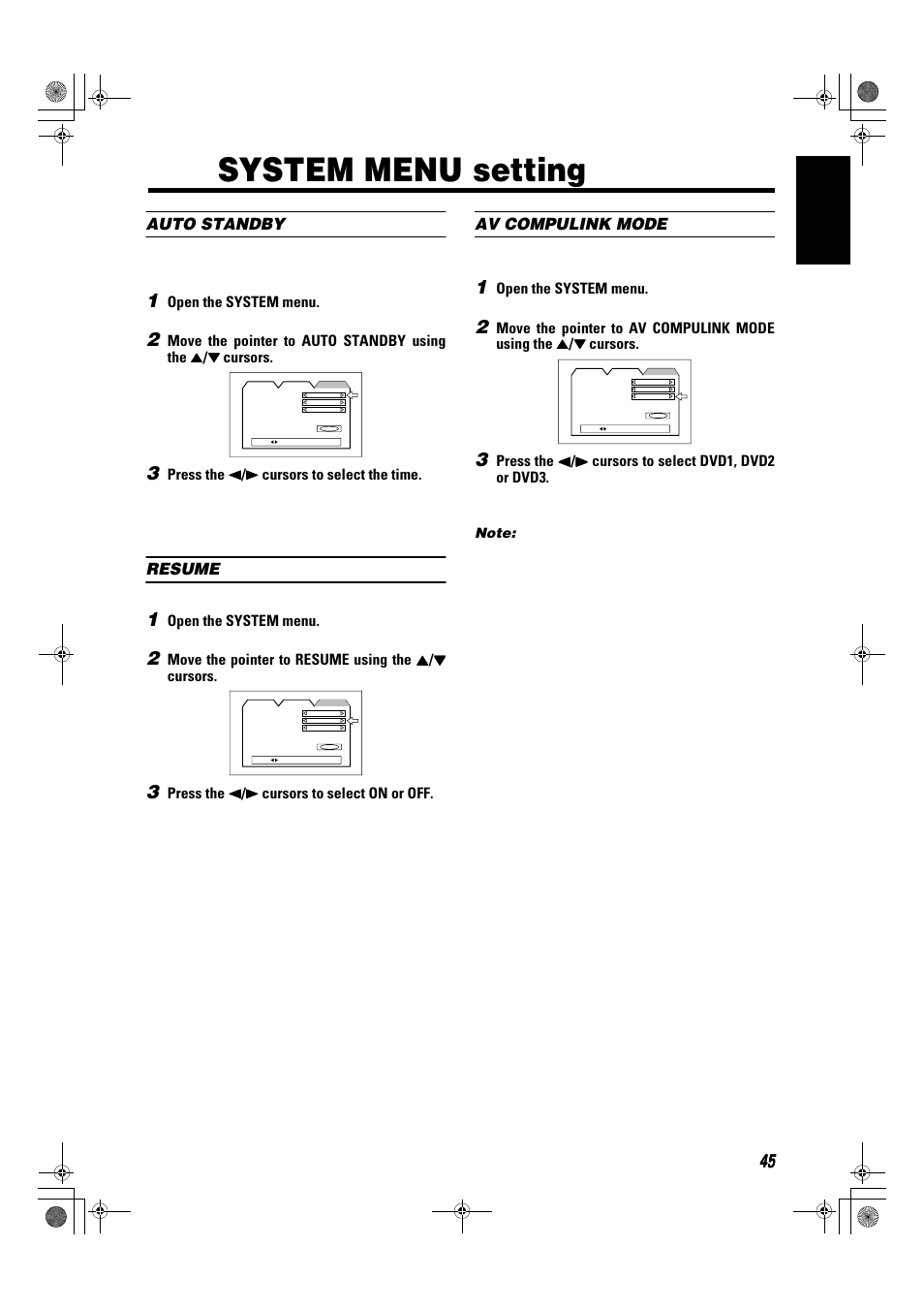 System menu setting, 45 english, Auto standby | Resume, Av compulink mode | JVC SP-XSA9 User Manual | Page 49 / 67