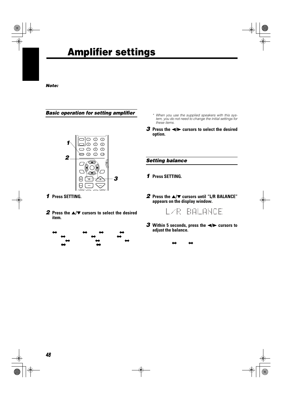 Amplifier settings, 48 english, Basic operation for setting amplifier | Setting balance | JVC SP-XSA9 User Manual | Page 52 / 67