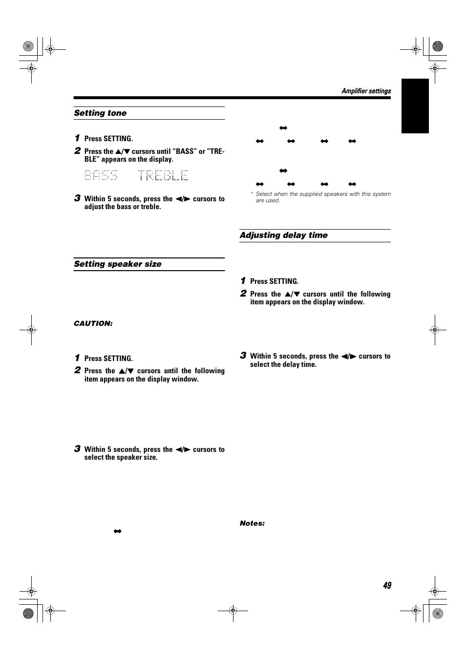 English, Setting tone, Setting speaker size | Adjusting delay time | JVC SP-XSA9 User Manual | Page 53 / 67