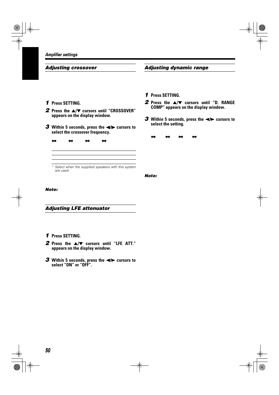 English, Adjusting crossover, Adjusting lfe attenuator | Adjusting dynamic range | JVC SP-XSA9 User Manual | Page 54 / 67