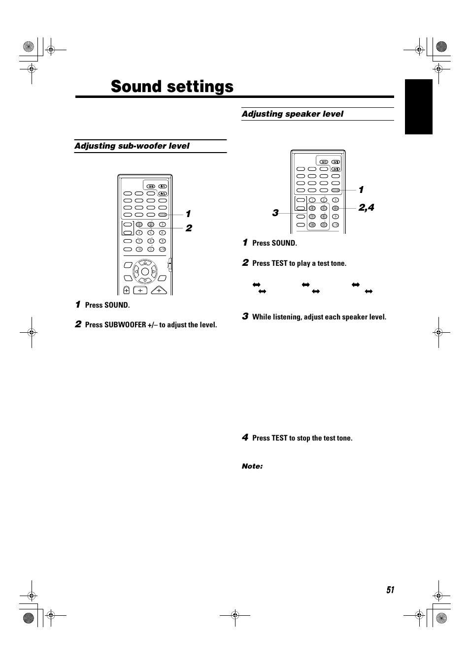 Sound settings, 51 english, Adjusting sub-woofer level | Adjusting speaker level, Press sound, Press subwoofer +/– to adjust the level, Press test to play a test tone, While listening, adjust each speaker level, Press test to stop the test tone | JVC SP-XSA9 User Manual | Page 55 / 67