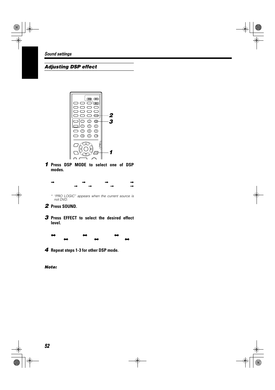 English, Adjusting dsp effect, Sound settings | Press dsp mode to select one of dsp modes, Press sound, Press effect to select the desired effect level, Repeat steps 1-3 for other dsp mode | JVC SP-XSA9 User Manual | Page 56 / 67