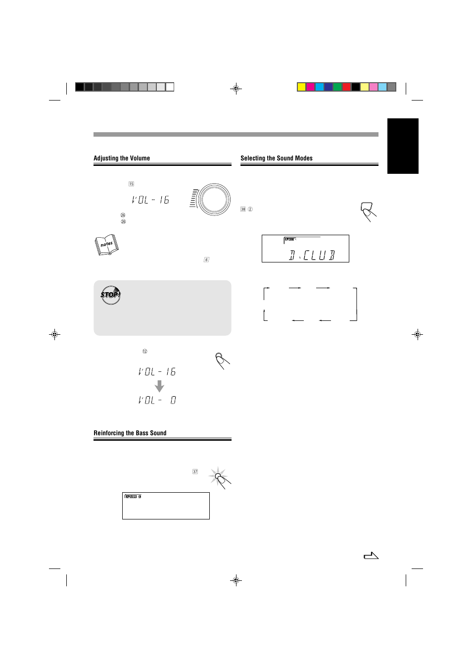 English, Adjusting the volume, Selecting the sound modes | Reinforcing the bass sound | JVC MX-J333VU User Manual | Page 13 / 35