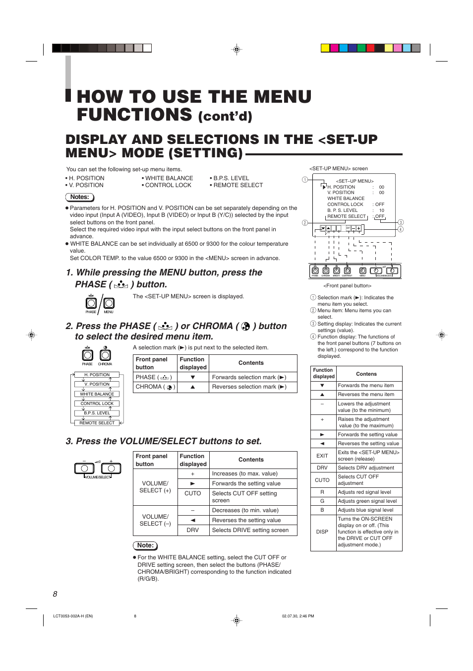 How to use the menu functions, Press the volume/select buttons to set | JVC TM-2100PN User Manual | Page 10 / 84