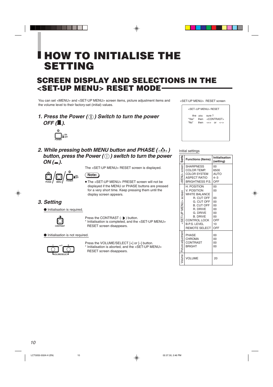How to initialise the setting, Press the power ( ) switch to turn the power off, Setting | JVC TM-2100PN User Manual | Page 12 / 84