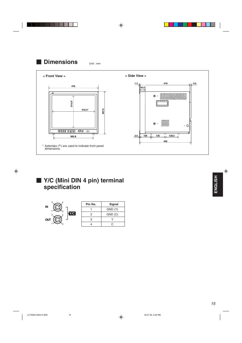 Dimensions, Y/c (mini din 4 pin) terminal specification, English | JVC TM-2100PN User Manual | Page 17 / 84