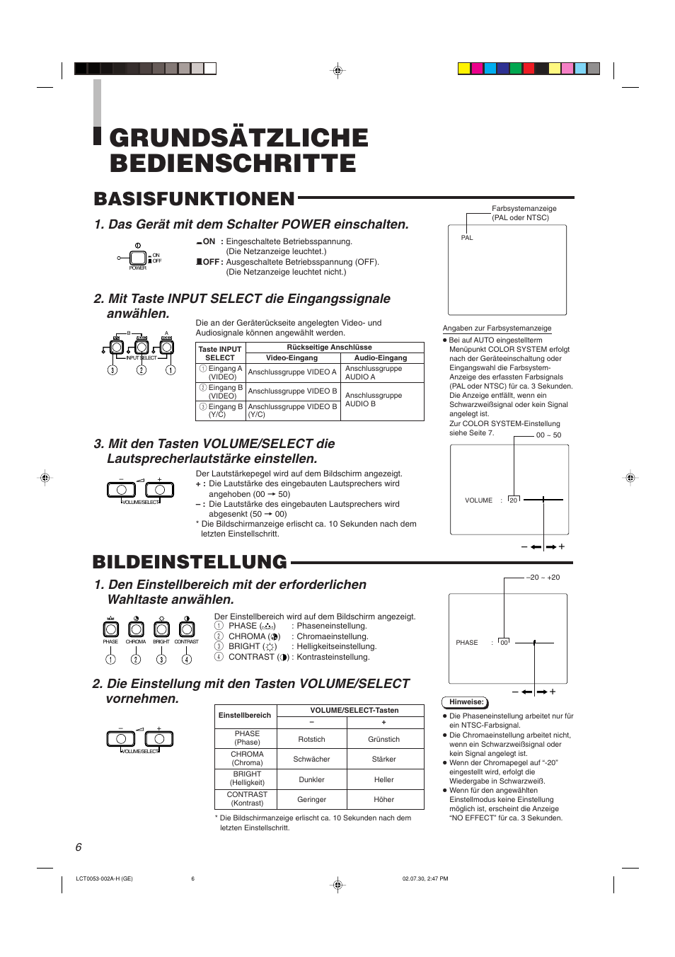 Grundsätzliche bedienschritte, Basisfunktionen bildeinstellung, Das gerät mit dem schalter power einschalten | JVC TM-2100PN User Manual | Page 24 / 84