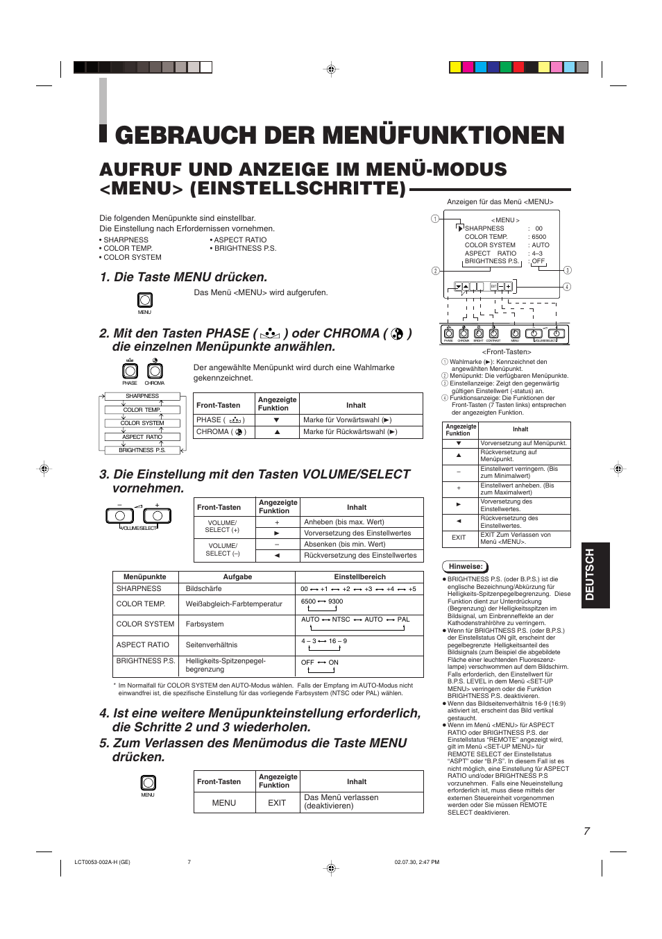 Gebrauch der menüfunktionen, Die taste menu drücken, Deutsch | JVC TM-2100PN User Manual | Page 25 / 84