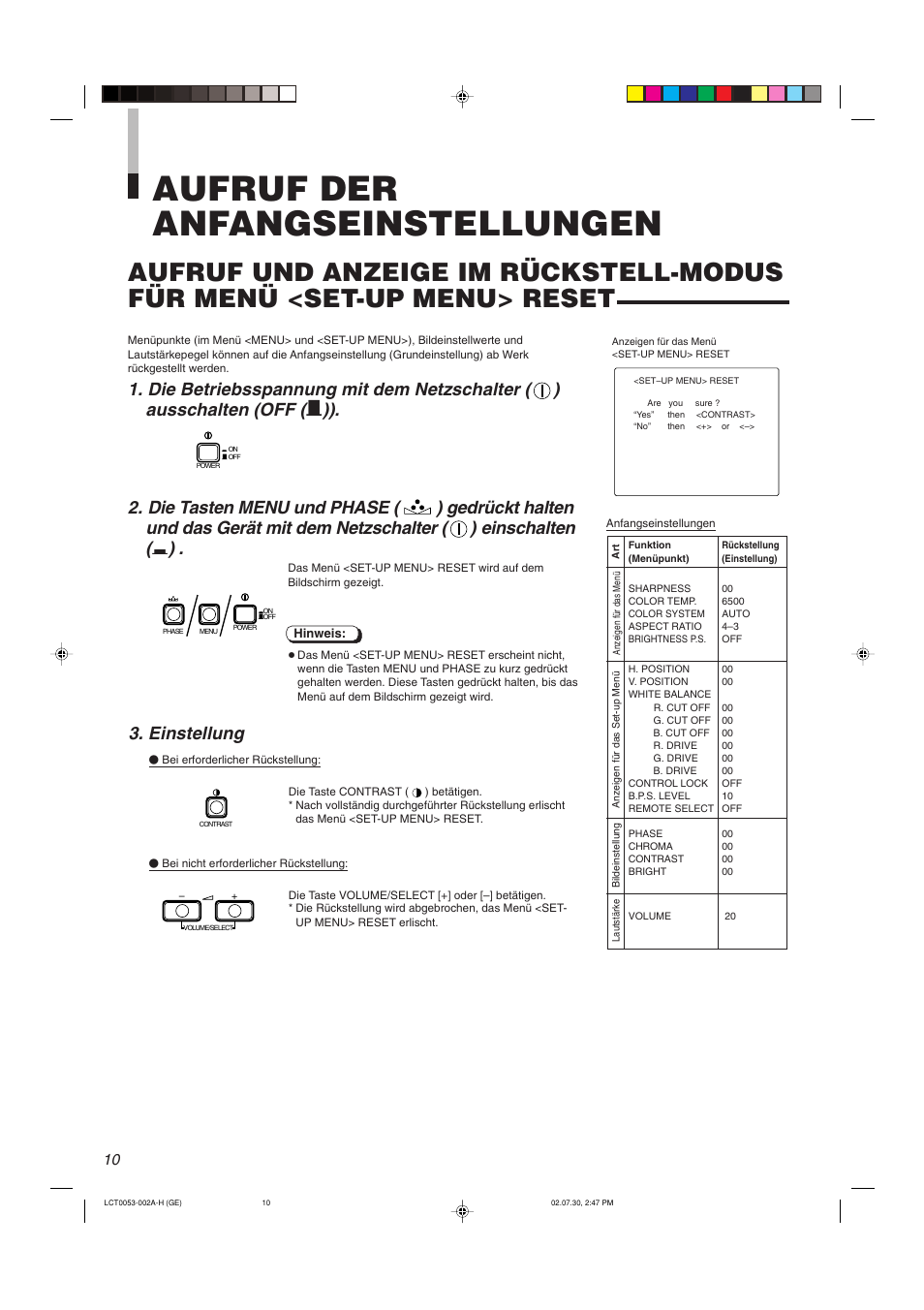 Aufruf der anfangseinstellungen, Einstellung | JVC TM-2100PN User Manual | Page 28 / 84
