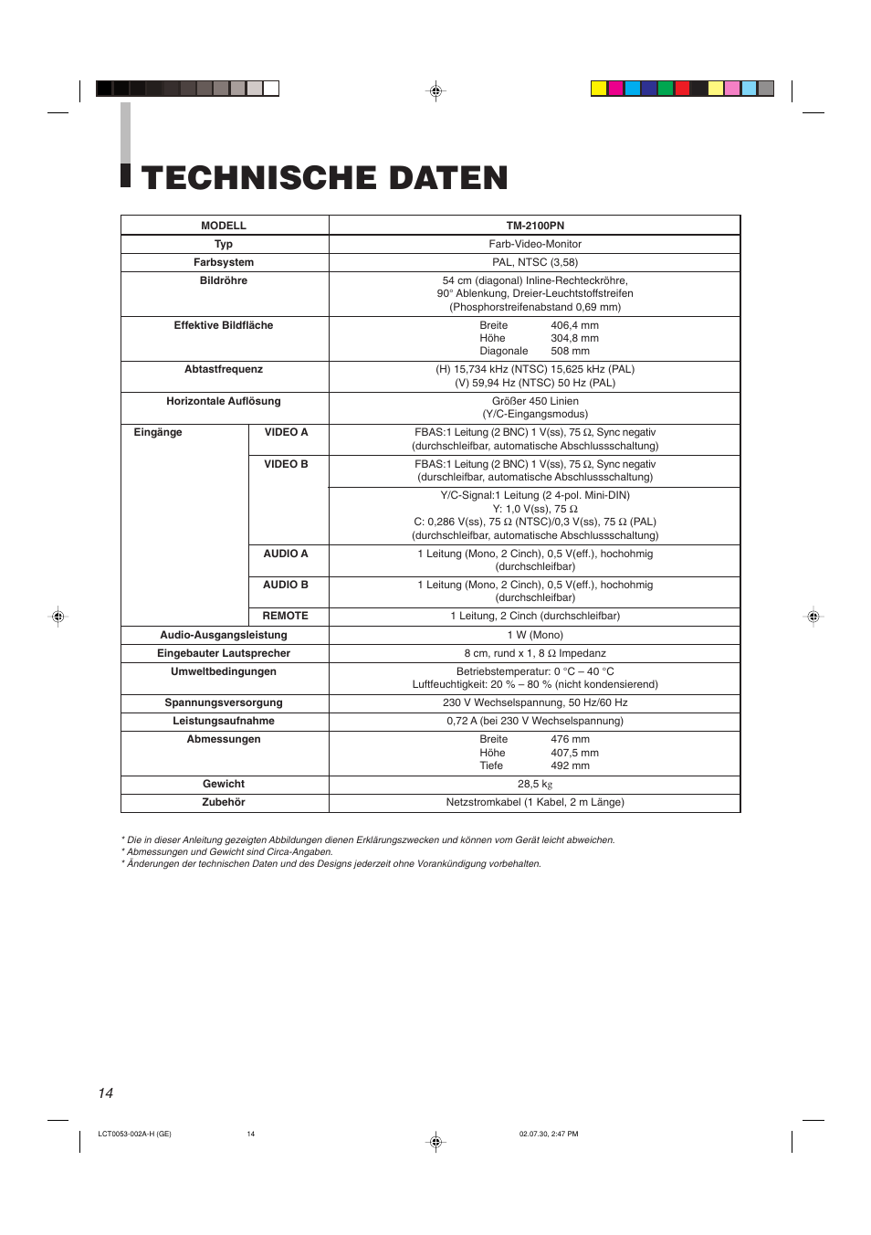 Technische daten | JVC TM-2100PN User Manual | Page 32 / 84