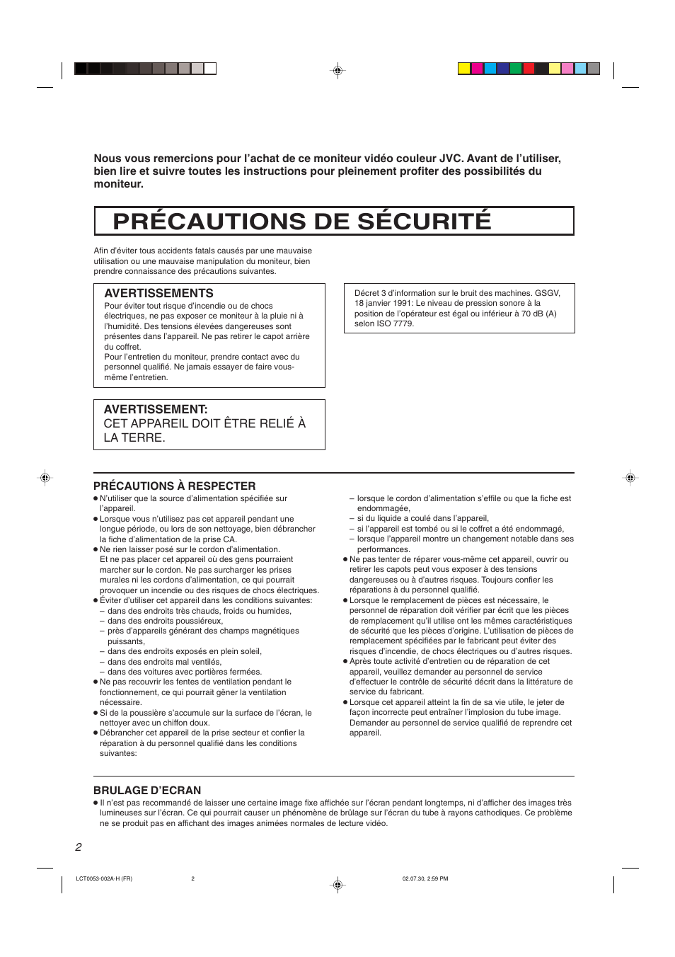 Précautions de sécurité, Avertissements | JVC TM-2100PN User Manual | Page 36 / 84